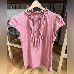 Terracotta ruffle key hole cap sleeve shirt